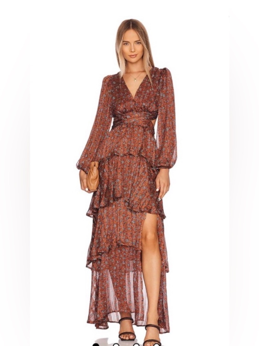 ASTR Anora Layered Ruffle Maxi Dress in Copper Black Ditsy Size Small